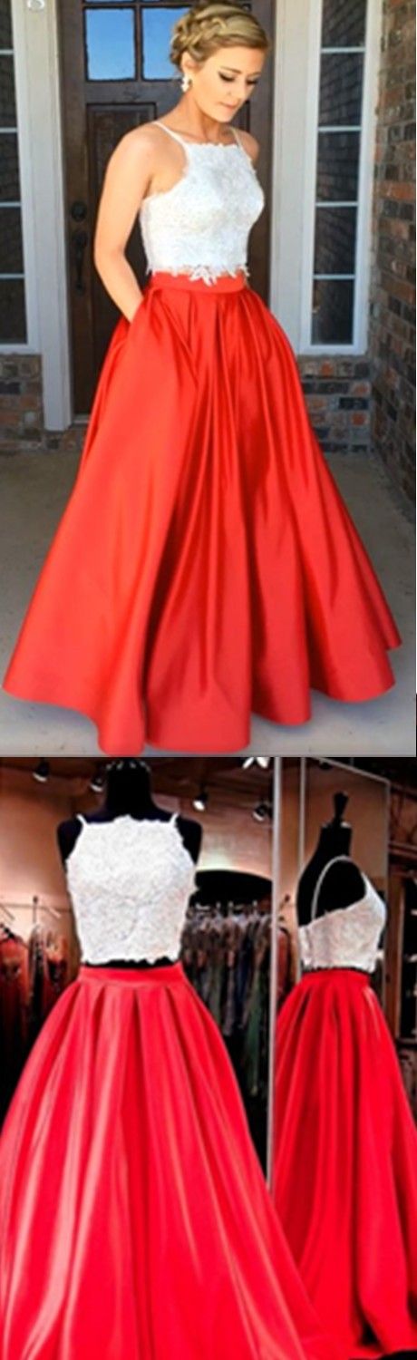 Red and white hot sale 2 piece prom dress