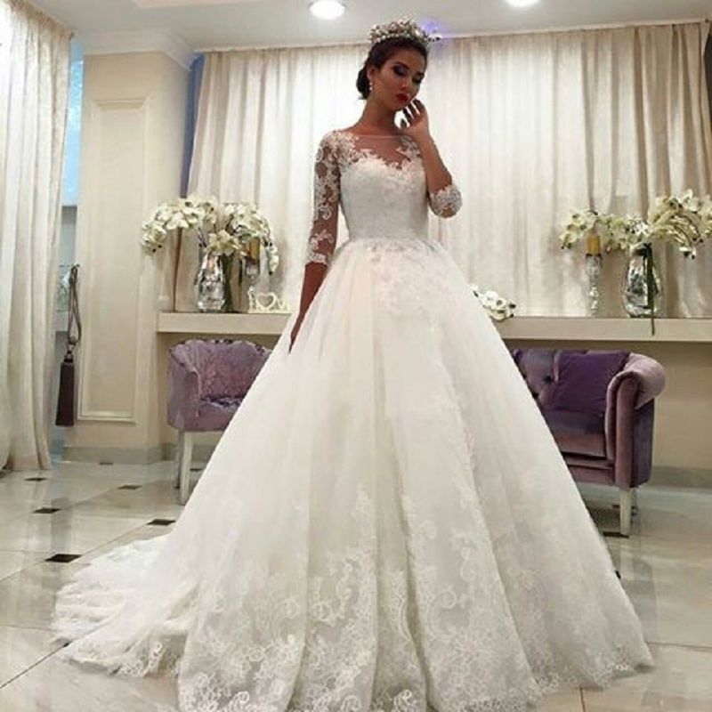 Long Sleeves Ball Gowns Appliques Lace Wedding Dresses Plus Size 4 6 8 10 12 14 