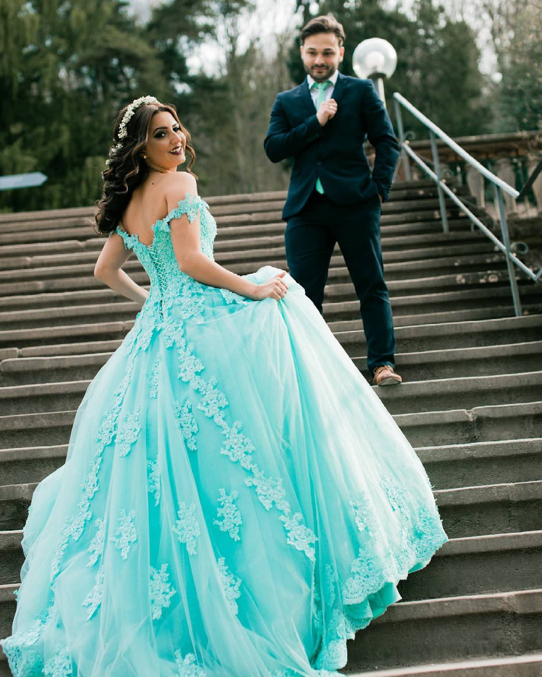 Unique Off Shoulder Ball Gown Mint Green Lace Prom Dresses 2017