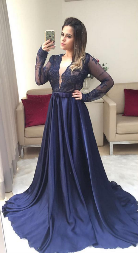 Navy Blue Deep V Neck Evening Dress With Removable Skirt And Long ...